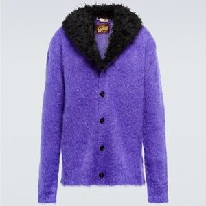 Marni purple wool cardigan sweater with black faux fur collar, size 48 IT